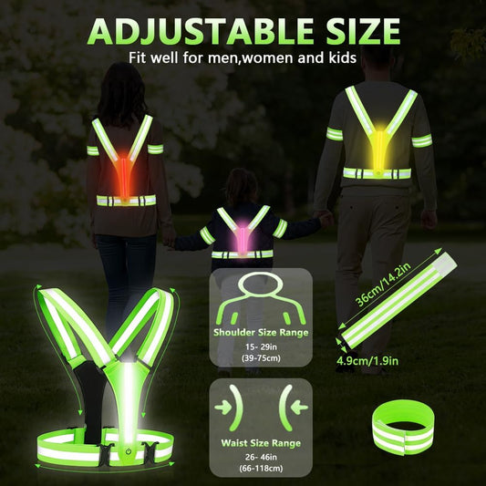 Adiwo Gilet de Sécurité LED – Kit Réfléchissant Jour et Nuit pour Vélo, Course, Jogging, Haute Visibilité, Unisexe Enfant/Adulte, Vert