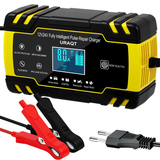 URAQT Chargeur Batterie Intelligent 8A 12V/24V – Mainteneur et Réparateur avec Écran LCD Tactile, Multi-Protect, pour Voiture et Camion (AGM/Gel/Wet/SLA)
