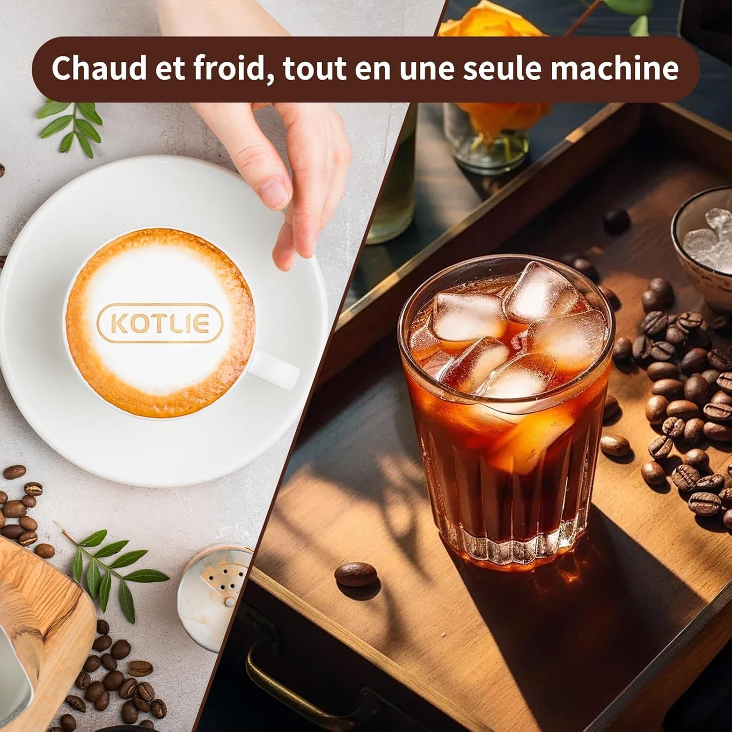 KOTLIE EM-308A – Machine à Café Expresso 5-en-1 à Capsules Multiples pour Nespresso Original, Dolce Gusto, L’OR, Café Moulu et Pods 44 mm, 19 Bars, Réservoir 1 L, Blanc