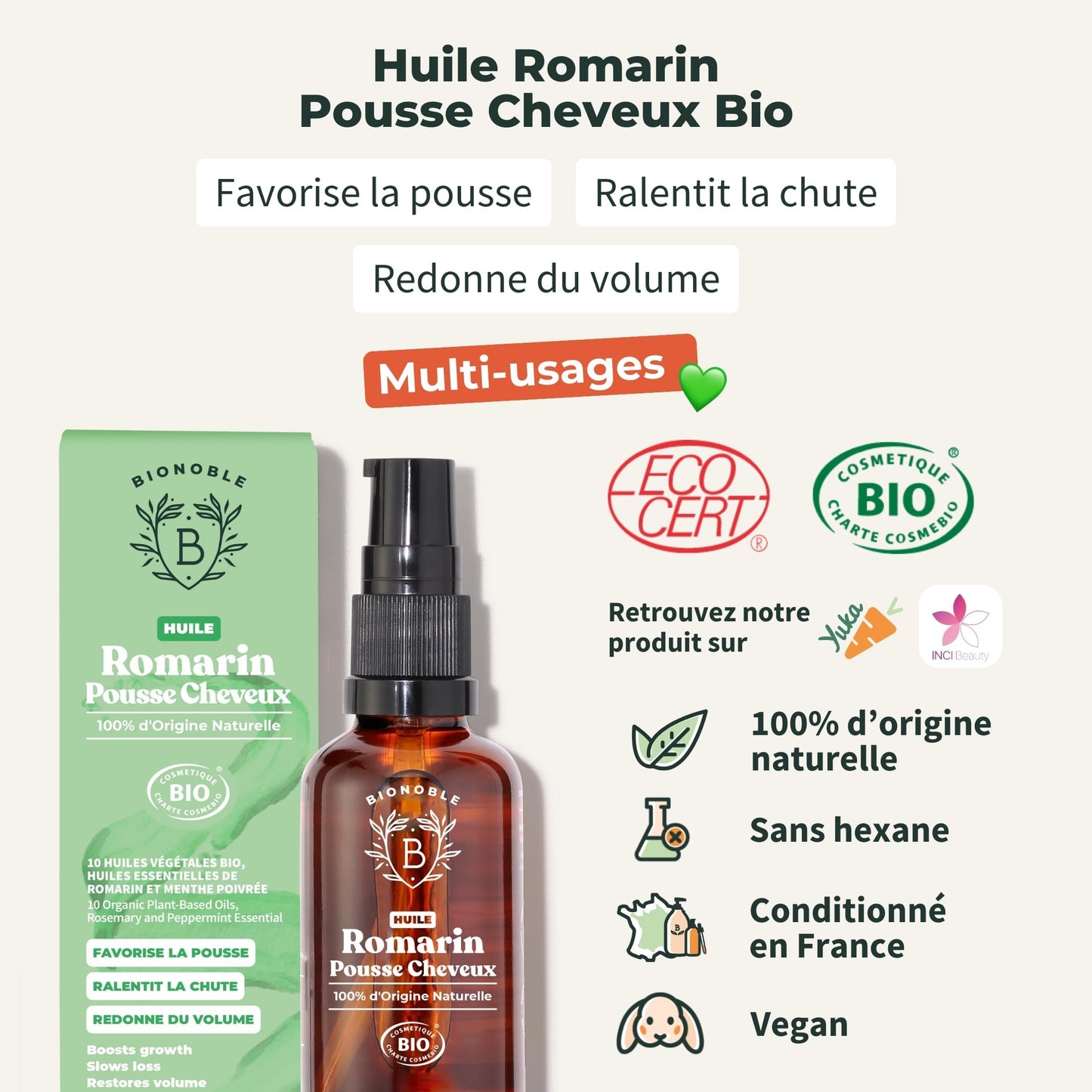 BIONOBLE Huile de Romarin pour Cheveux Bio 50 ml
