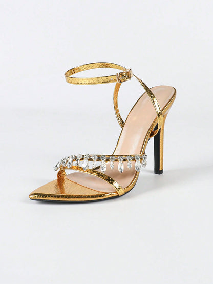 Sandales Stiletto Jin Bei Qi Femme, Strass, Chaîne Diamant, Bride Cheville, Fête