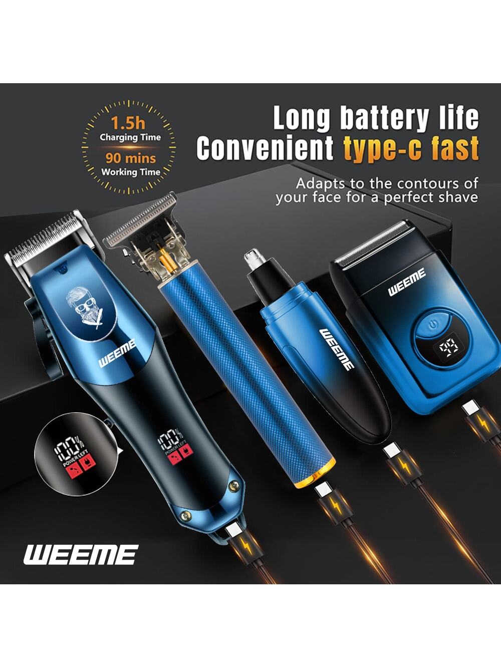 Kit de Toilettage Électrique WEEME 4-en-1 Homme: Tondeuse Cheveux, Nez, Rasoir, Graveur Rechargeable USB, Design Dégradé Bleu