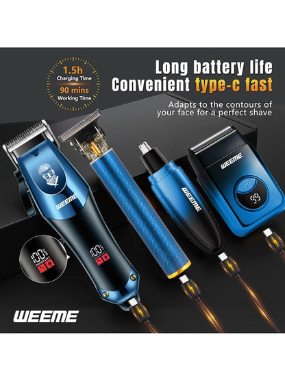 Kit de Toilettage Électrique WEEME 4-en-1 Homme: Tondeuse Cheveux, Nez, Rasoir, Graveur Rechargeable USB, Design Dégradé Bleu