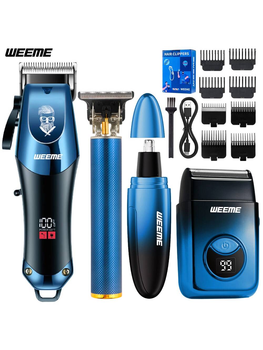 Kit de Toilettage Électrique WEEME 4-en-1 Homme: Tondeuse Cheveux, Nez, Rasoir, Graveur Rechargeable USB, Design Dégradé Bleu