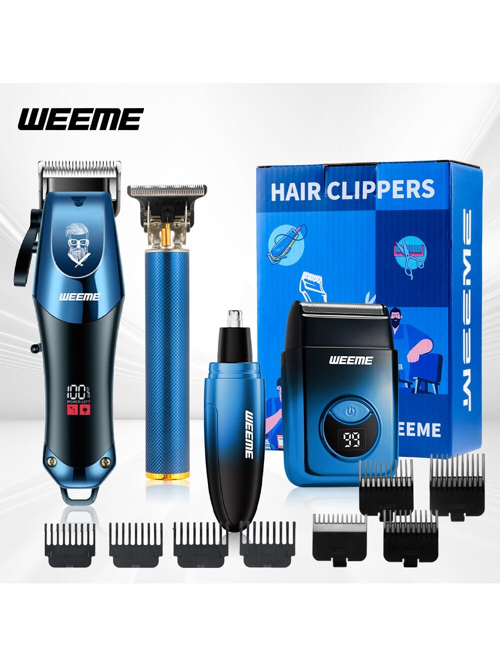 Kit de Toilettage Électrique WEEME 4-en-1 Homme: Tondeuse Cheveux, Nez, Rasoir, Graveur Rechargeable USB, Design Dégradé Bleu