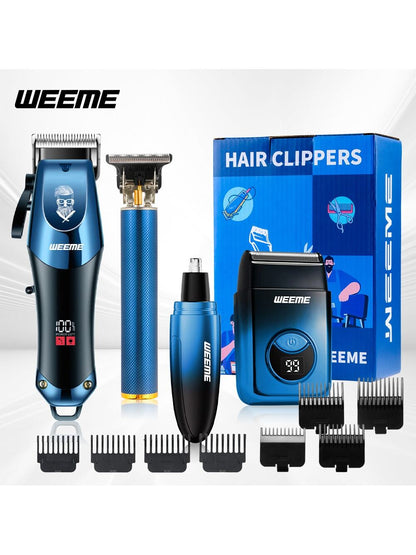 Kit de Toilettage Électrique WEEME 4-en-1 Homme: Tondeuse Cheveux, Nez, Rasoir, Graveur Rechargeable USB, Design Dégradé Bleu