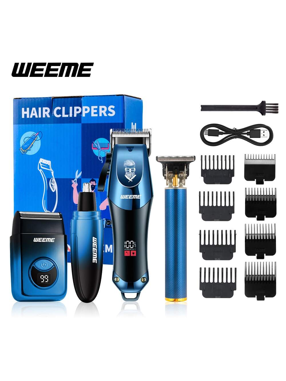 Kit de Toilettage Électrique WEEME 4-en-1 Homme: Tondeuse Cheveux, Nez, Rasoir, Graveur Rechargeable USB, Design Dégradé Bleu