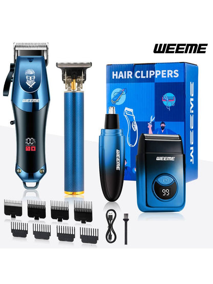 Kit de Toilettage Électrique WEEME 4-en-1 Homme: Tondeuse Cheveux, Nez, Rasoir, Graveur Rechargeable USB, Design Dégradé Bleu