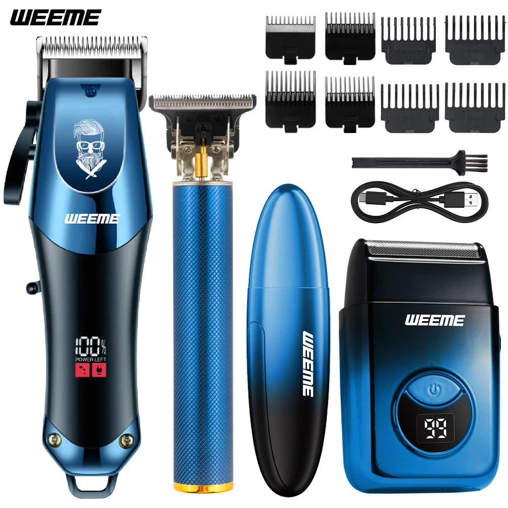 Kit de Toilettage Électrique WEEME 4-en-1 Homme: Tondeuse Cheveux, Nez, Rasoir, Graveur Rechargeable USB, Design Dégradé Bleu