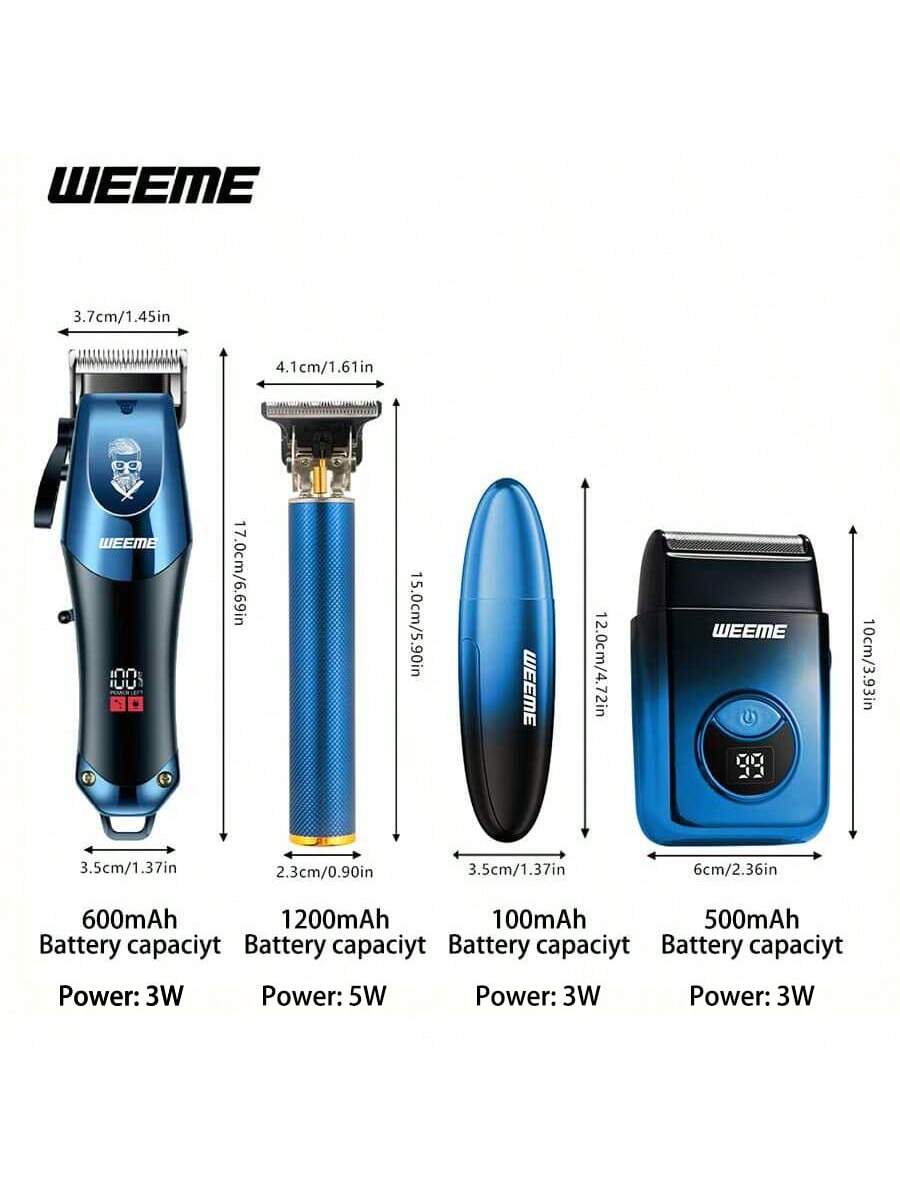 Kit de Toilettage Électrique WEEME 4-en-1 Homme: Tondeuse Cheveux, Nez, Rasoir, Graveur Rechargeable USB, Design Dégradé Bleu