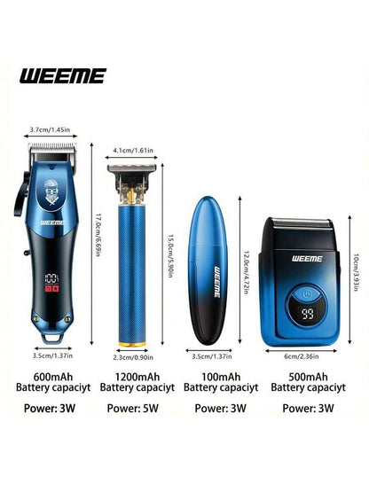 Kit de Toilettage Électrique WEEME 4-en-1 Homme: Tondeuse Cheveux, Nez, Rasoir, Graveur Rechargeable USB, Design Dégradé Bleu