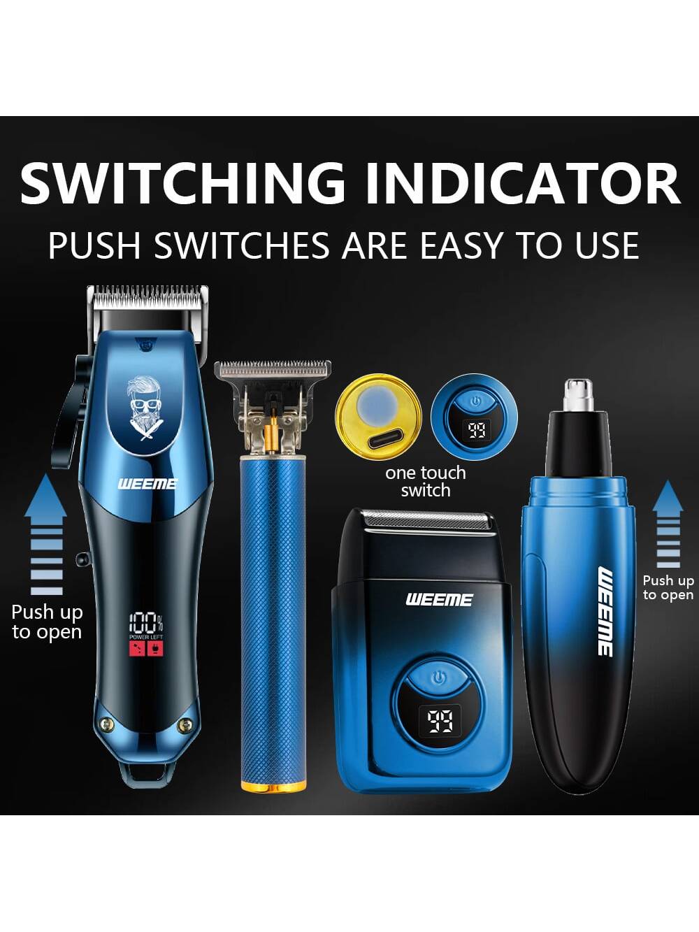 Kit de Toilettage Électrique WEEME 4-en-1 Homme: Tondeuse Cheveux, Nez, Rasoir, Graveur Rechargeable USB, Design Dégradé Bleu