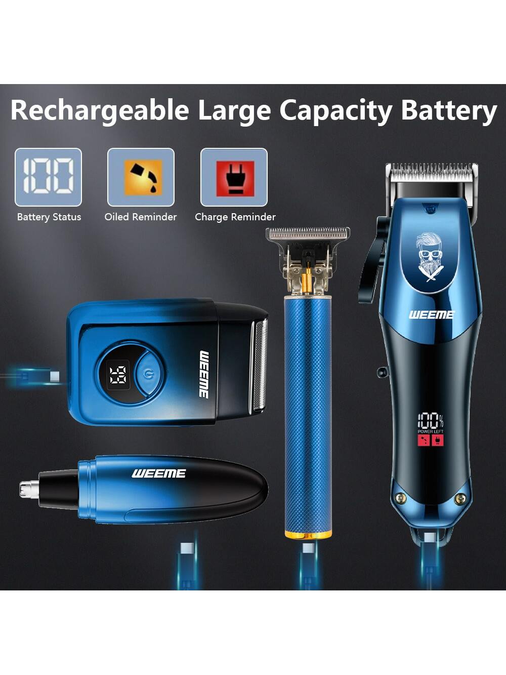Kit de Toilettage Électrique WEEME 4-en-1 Homme: Tondeuse Cheveux, Nez, Rasoir, Graveur Rechargeable USB, Design Dégradé Bleu
