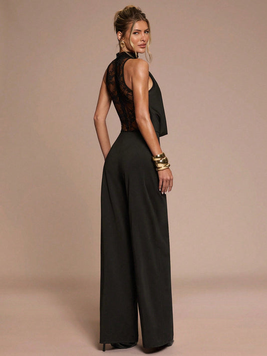 Combinaison Noire Élégante SHEIN BAE Dentelle Patchwork Sans Manches Soirée Cocktail Fête