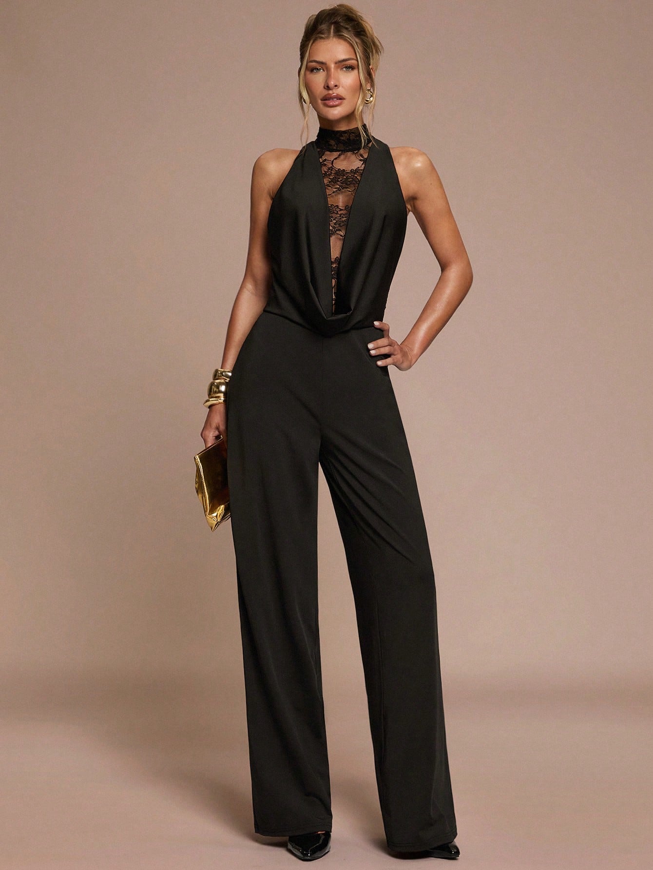 Combinaison Noire Élégante SHEIN BAE Dentelle Patchwork Sans Manches Soirée Cocktail Fête