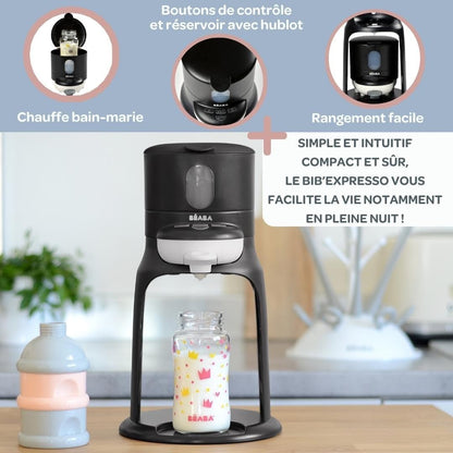 BÉABA Bib’Expresso – Préparateur et Chauffe Biberon/Petits Pots, Distributeur d’Eau à Température Exacte, Instantané et Rapide, Bain-Marie, 2 Températures, Chauffe-Biberon Amovible, Noir