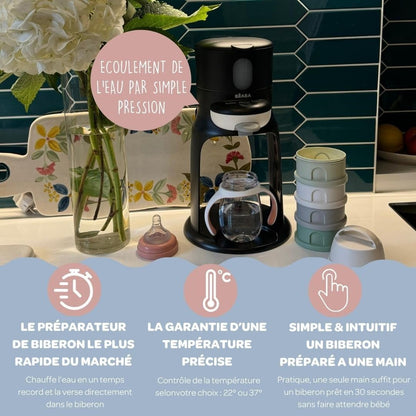 BÉABA Bib’Expresso – Préparateur et Chauffe Biberon/Petits Pots, Distributeur d’Eau à Température Exacte, Instantané et Rapide, Bain-Marie, 2 Températures, Chauffe-Biberon Amovible, Noir
