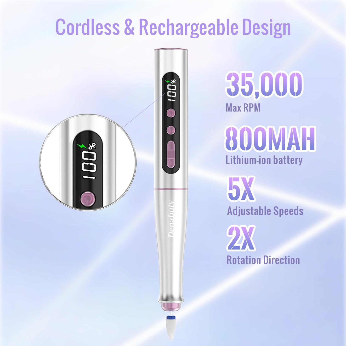 Denabuty DN-2402 – Ponceuse à Ongles Pro 35 000 RPM, Kit 12-en-1 Rechargeable avec Écran LED