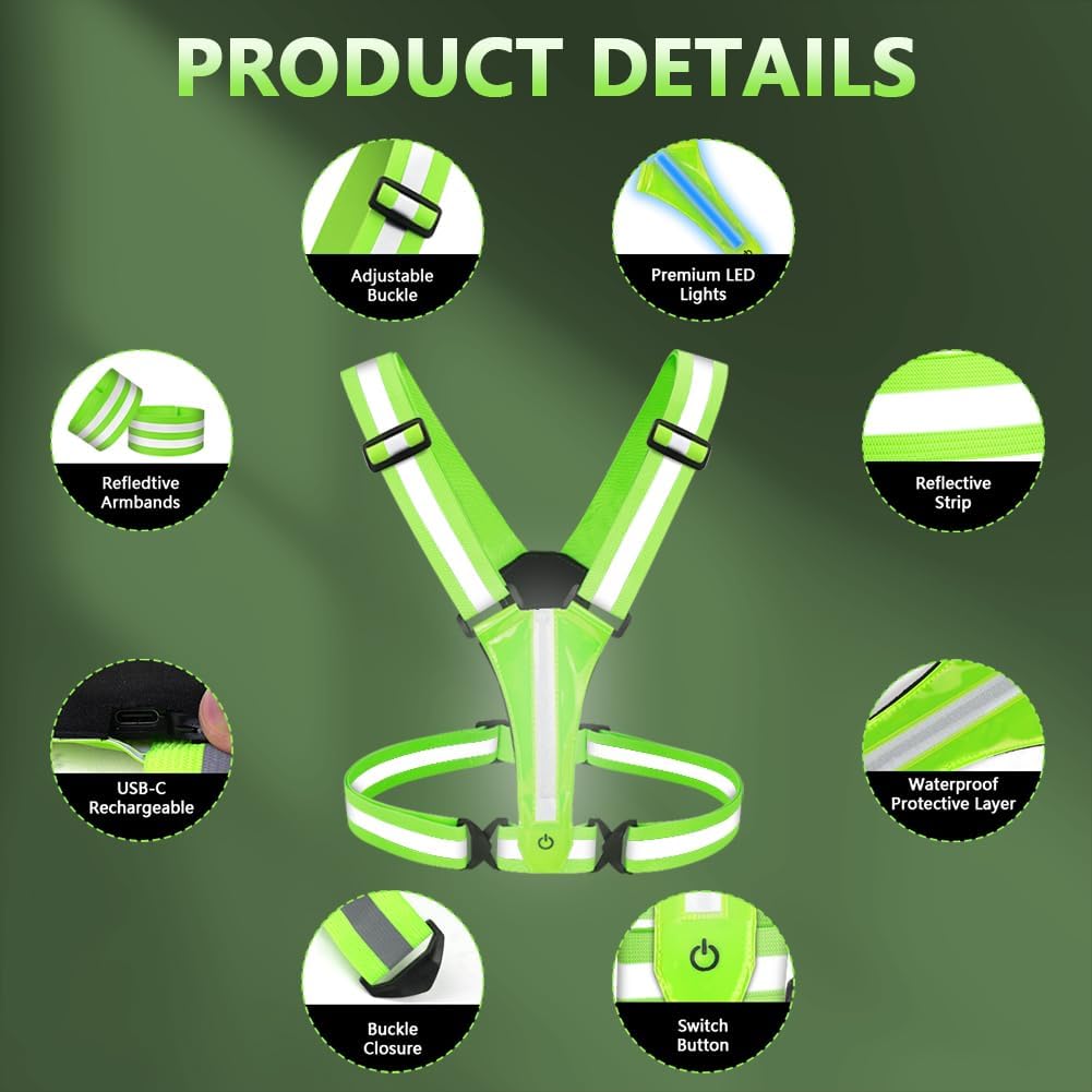 Adiwo Gilet de Sécurité LED – Kit Réfléchissant Jour et Nuit pour Vélo, Course, Jogging, Haute Visibilité, Unisexe Enfant/Adulte, Vert