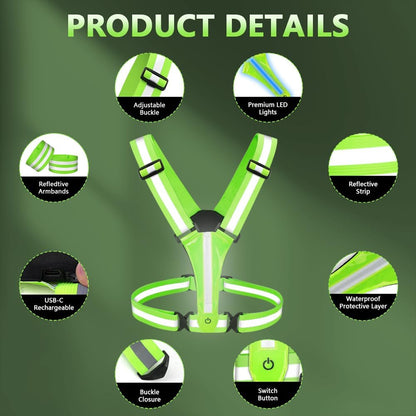 Adiwo Gilet de Sécurité LED – Kit Réfléchissant Jour et Nuit pour Vélo, Course, Jogging, Haute Visibilité, Unisexe Enfant/Adulte, Vert