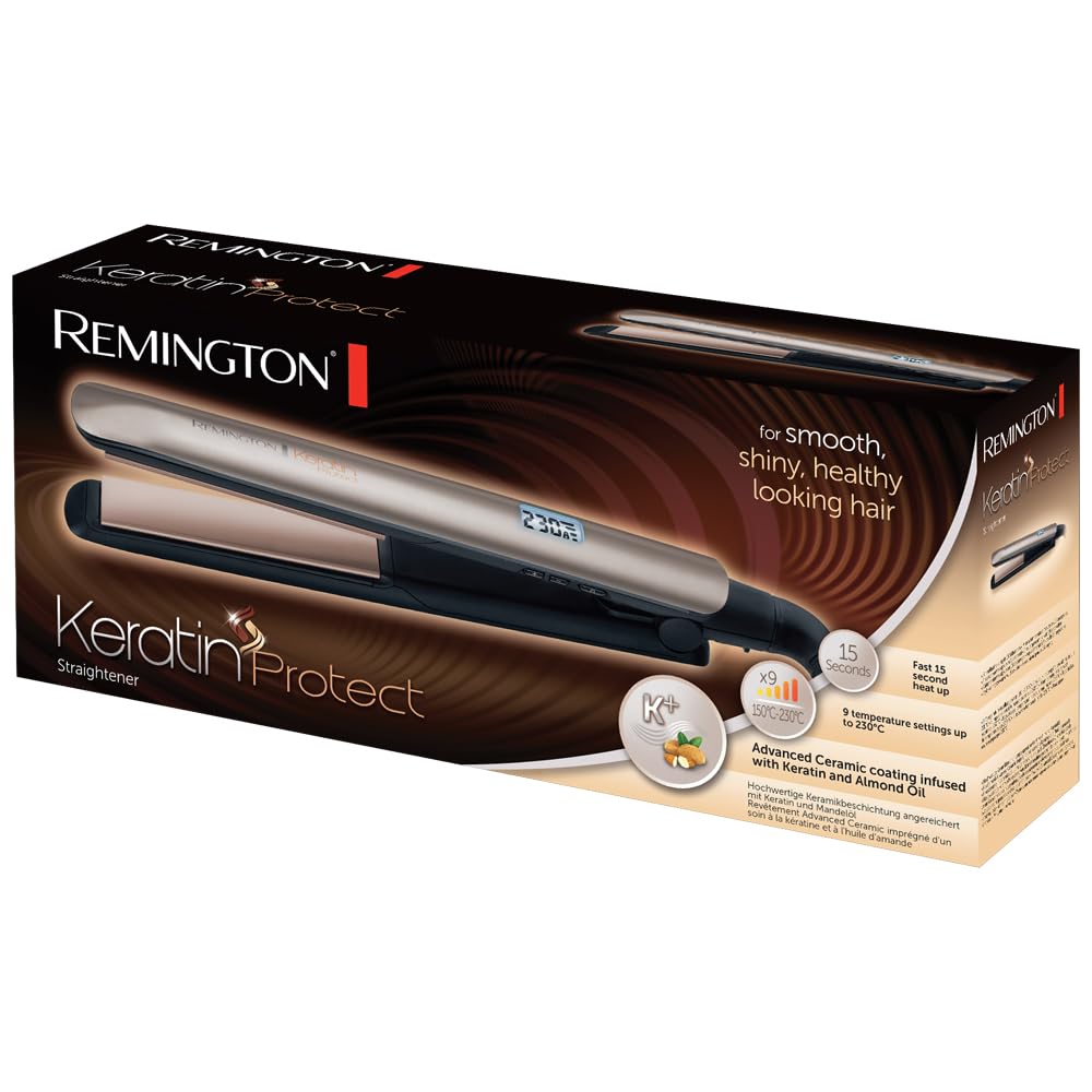Remington S8540 – Lisseur Cheveux Kératine & Huile d’Amande, Céramique, Écran LCD, 10 Températures, Voltage Universel