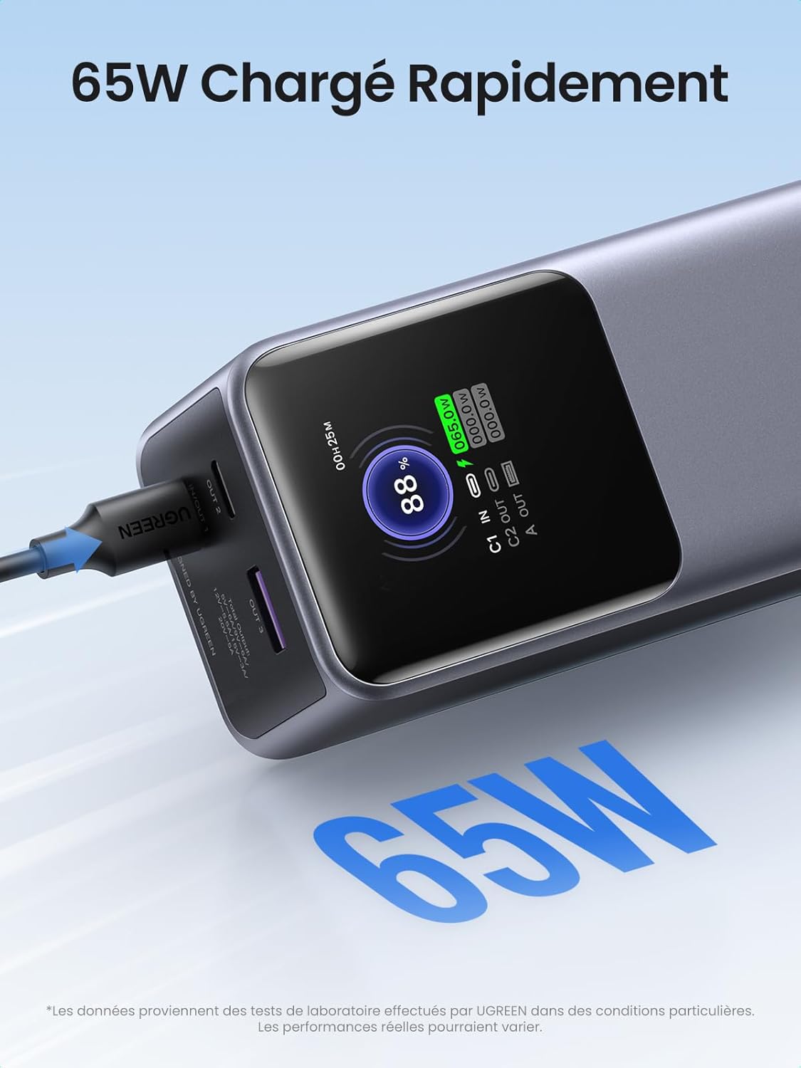 UGREEN Nexode 130 W – Batterie Externe 20 000 mAh Power Bank Portable, 3 Ports USB-C/PD 3.0, Charge Rapide 100 W, Écran TFT, Compatible iPhone 13-17, iPad, MacBook, Galaxy S24-S25