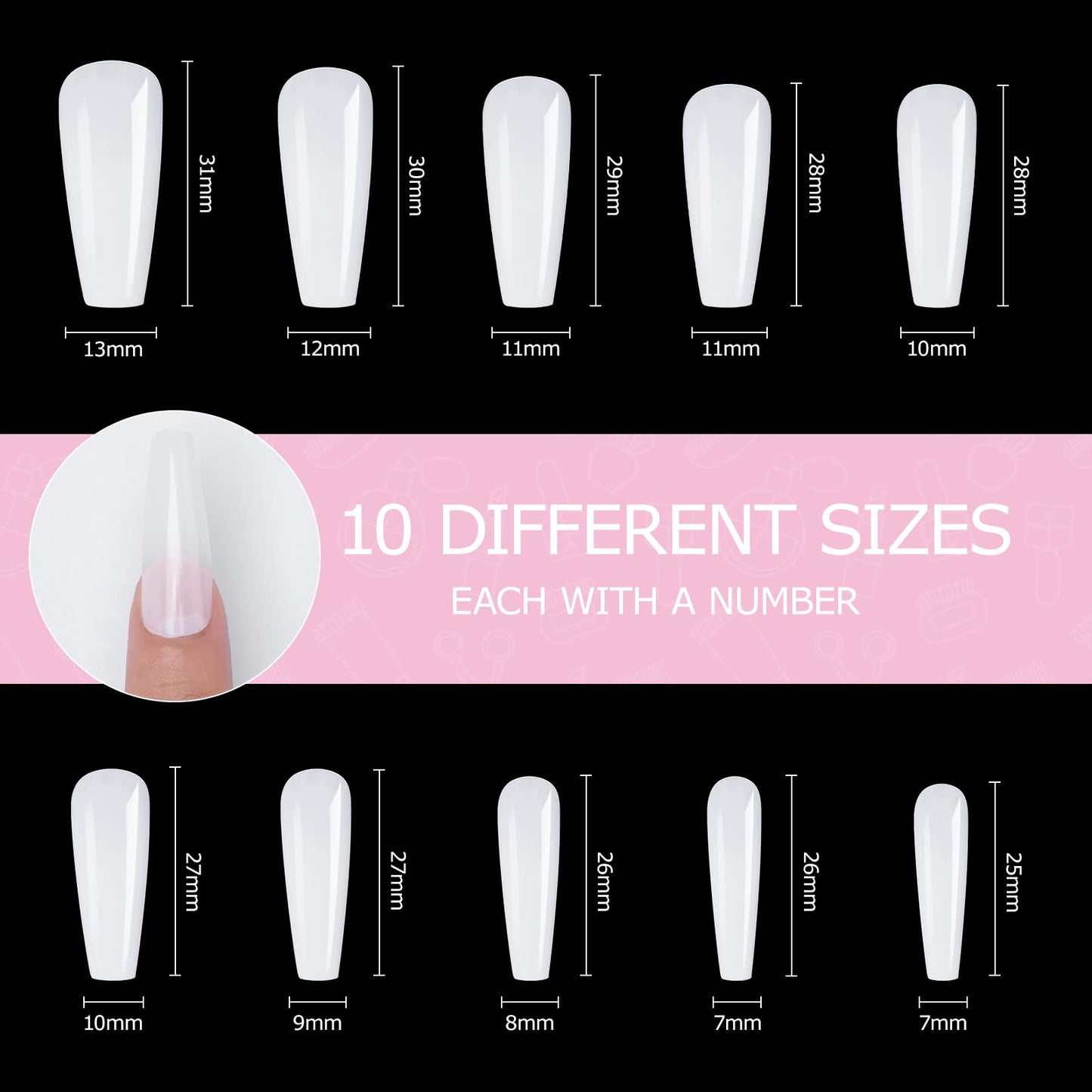 Carehabi – 500 Capsules Ongles Acryliques Blanches 10 Tailles + Boîte de Rangement | Pour Studios Manucure & Nail Art DIY