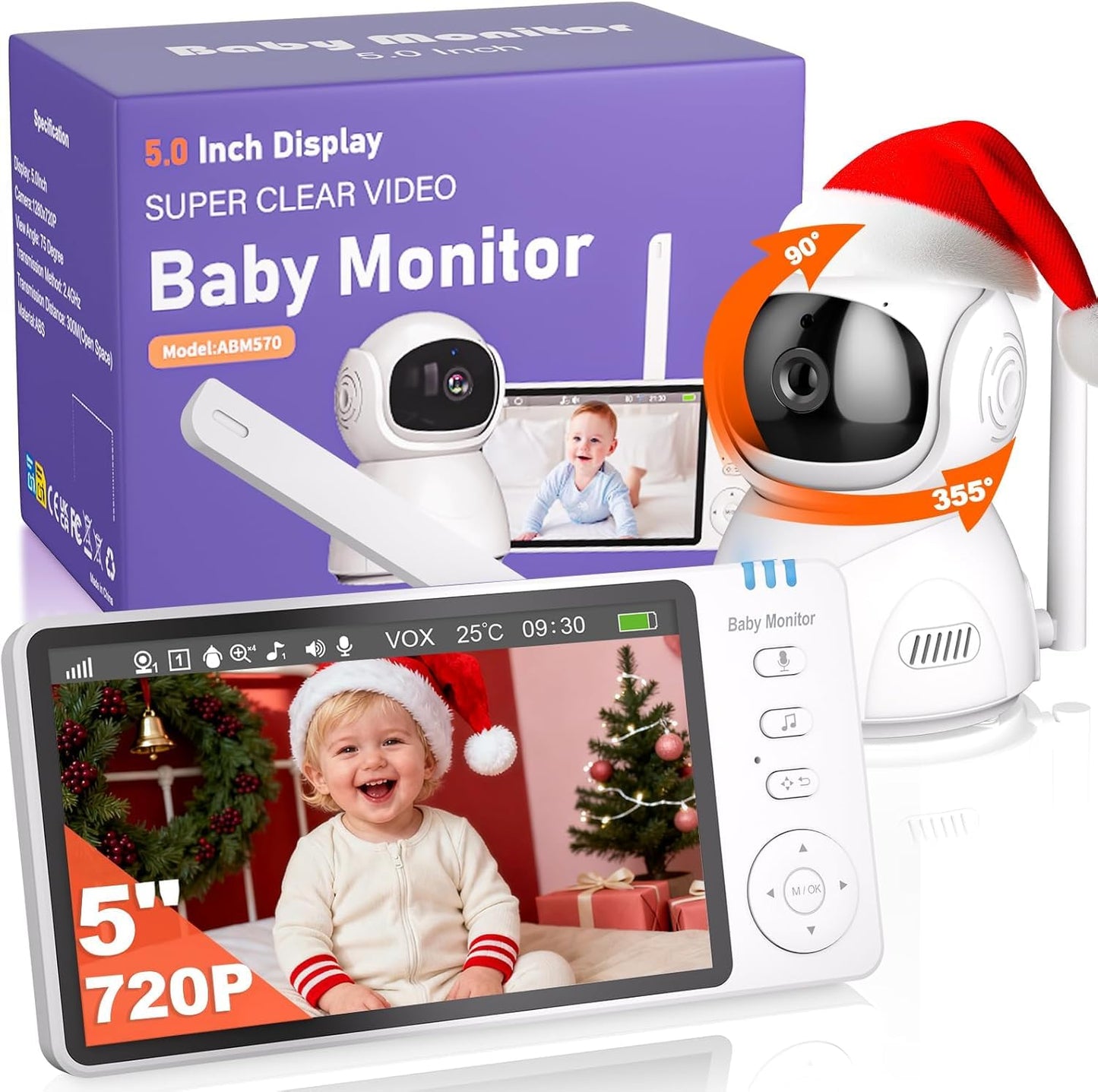 OBVHNUA Babyphone avec Caméra 5 Pouces 720p IPS HD Vidéo Babyphone Enregistrement vidéo Zoom Numérique Deux Voies Audio VOX Mode Vision Nocturne Surveillance de la Température 8 Berceuses 5 Réveils