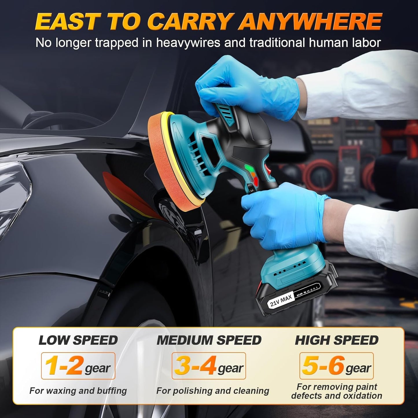 Polisseuse Voiture Sans Fil 150 mm à Double Action – 2×21V 2000mAh Batteries, Kit 13 pcs, 6 Vitesses Réglables 5500 RPM, Lustreuse Orbitale pour Cirage et Rénovation Auto