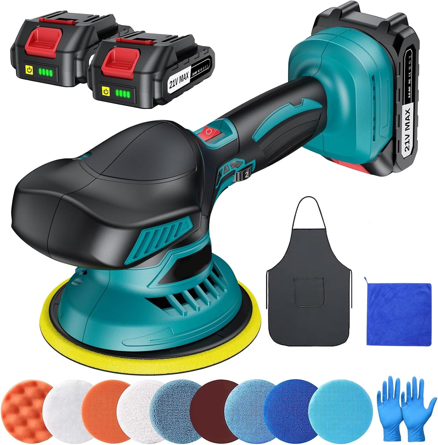 Polisseuse Voiture Sans Fil 150 mm à Double Action – 2×21V 2000mAh Batteries, Kit 13 pcs, 6 Vitesses Réglables 5500 RPM, Lustreuse Orbitale pour Cirage et Rénovation Auto