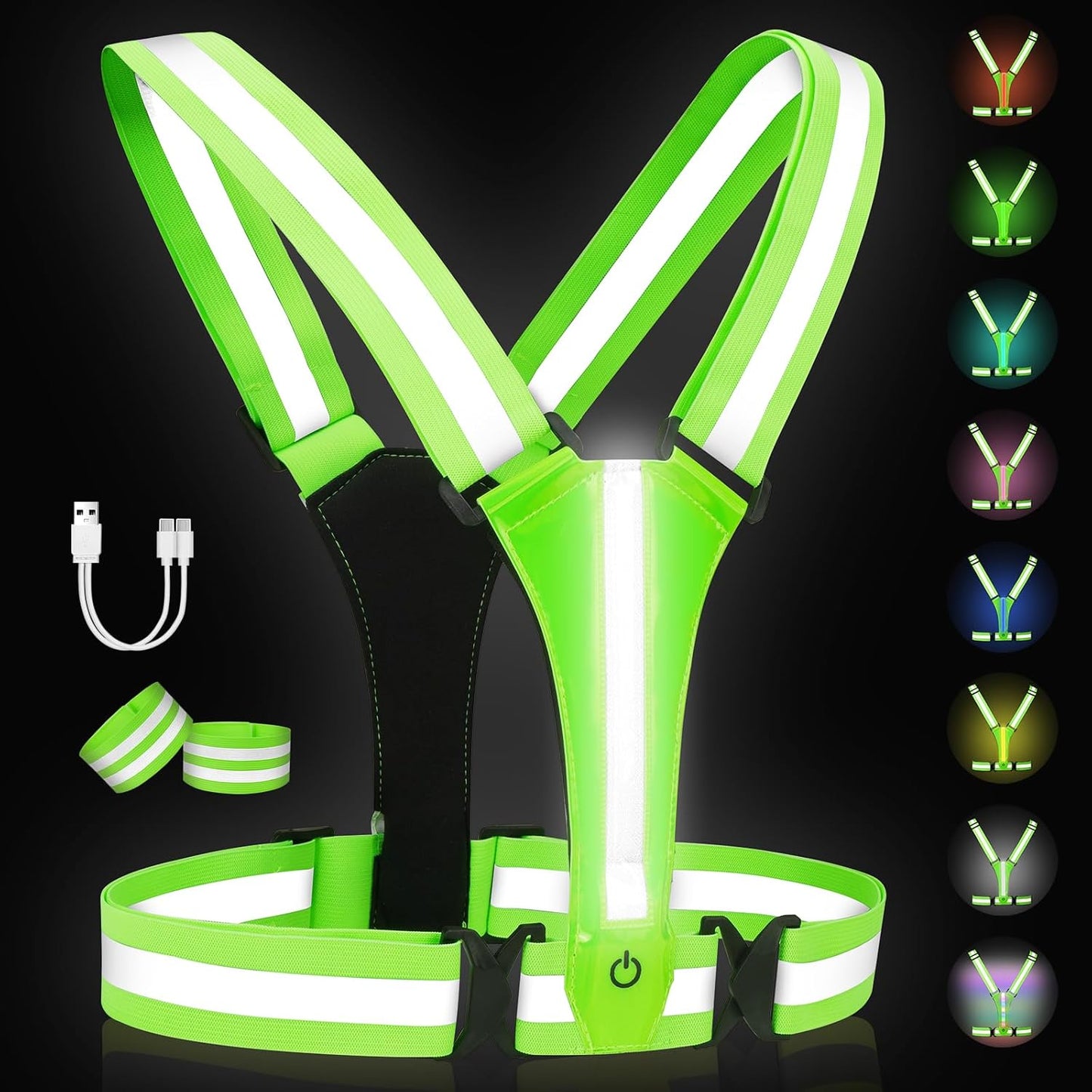 Adiwo Gilet de Sécurité LED – Kit Réfléchissant Jour et Nuit pour Vélo, Course, Jogging, Haute Visibilité, Unisexe Enfant/Adulte, Vert