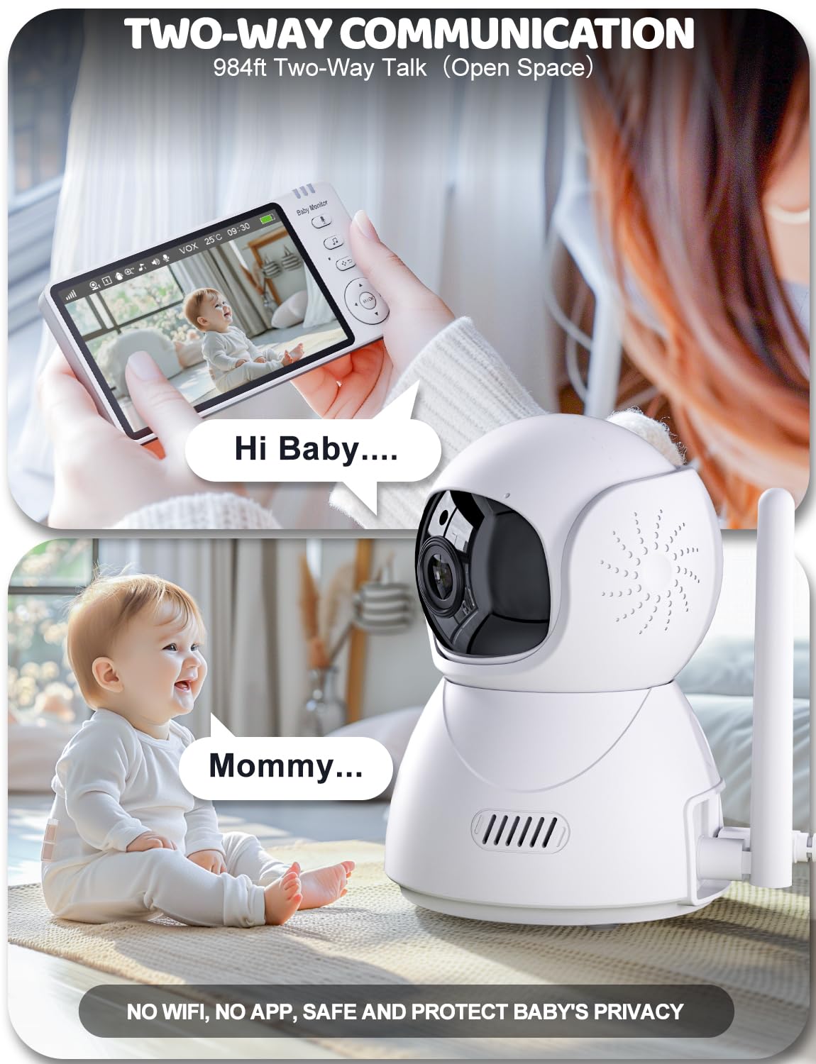 OBVHNUA Babyphone avec Caméra 5 Pouces 720p IPS HD Vidéo Babyphone Enregistrement vidéo Zoom Numérique Deux Voies Audio VOX Mode Vision Nocturne Surveillance de la Température 8 Berceuses 5 Réveils