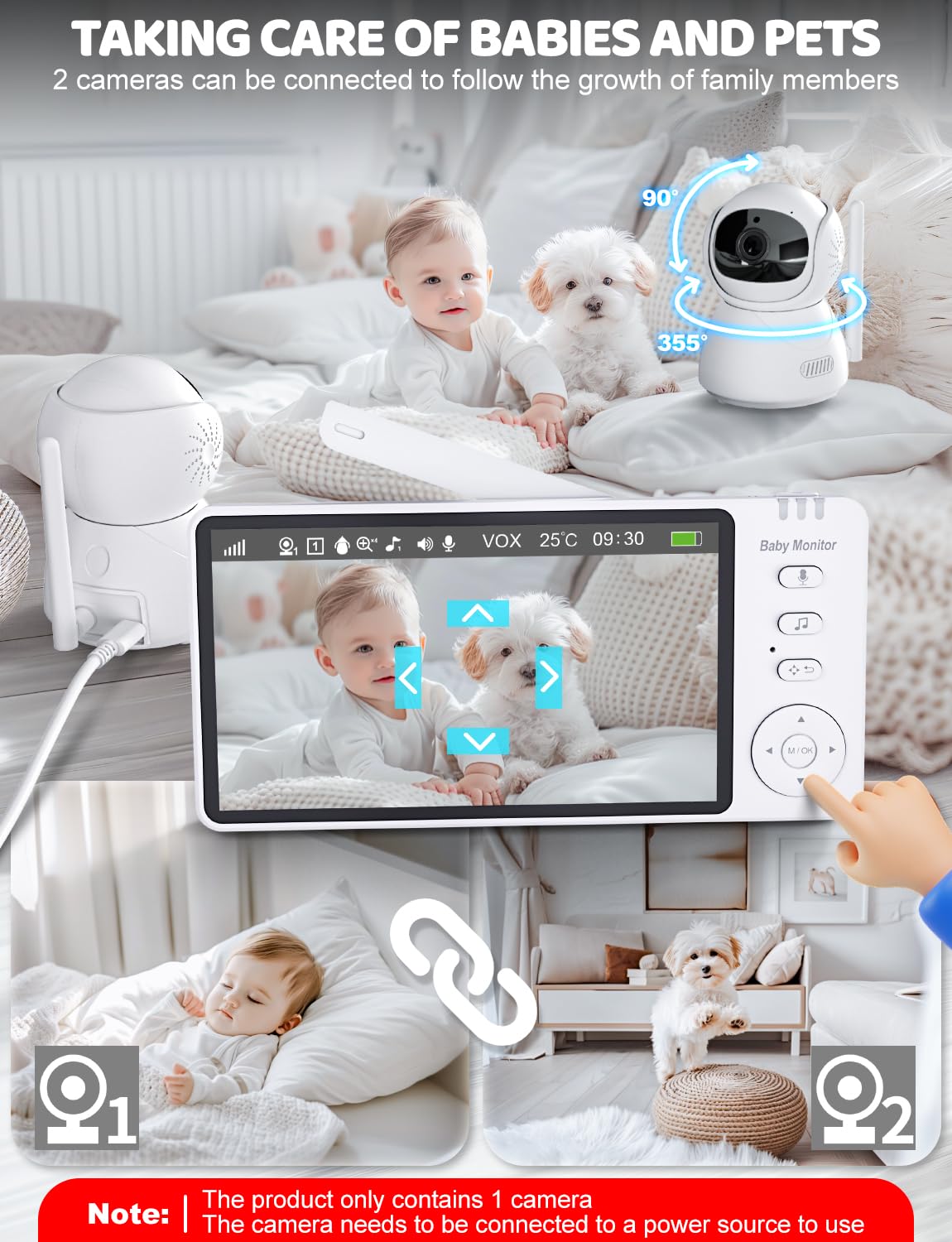 OBVHNUA Babyphone avec Caméra 5 Pouces 720p IPS HD Vidéo Babyphone Enregistrement vidéo Zoom Numérique Deux Voies Audio VOX Mode Vision Nocturne Surveillance de la Température 8 Berceuses 5 Réveils