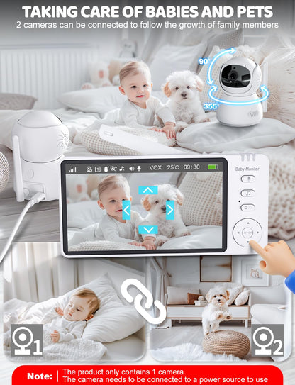 OBVHNUA Babyphone avec Caméra 5 Pouces 720p IPS HD Vidéo Babyphone Enregistrement vidéo Zoom Numérique Deux Voies Audio VOX Mode Vision Nocturne Surveillance de la Température 8 Berceuses 5 Réveils