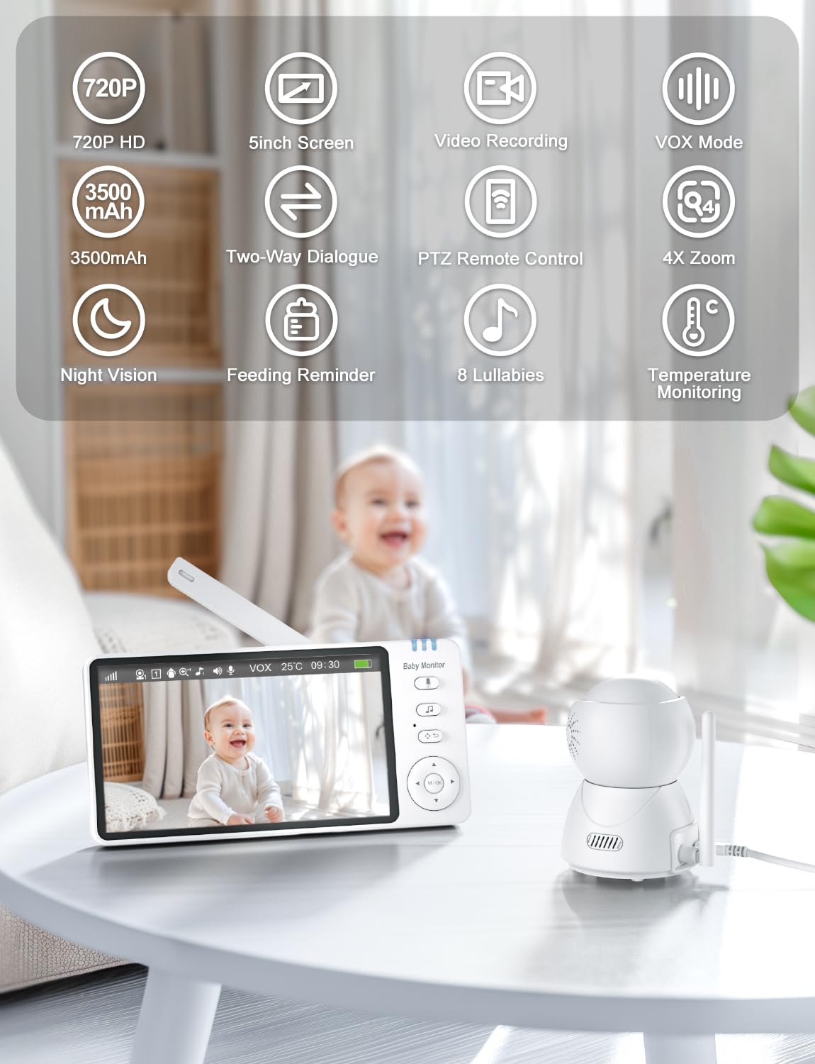 OBVHNUA Babyphone avec Caméra 5 Pouces 720p IPS HD Vidéo Babyphone Enregistrement vidéo Zoom Numérique Deux Voies Audio VOX Mode Vision Nocturne Surveillance de la Température 8 Berceuses 5 Réveils