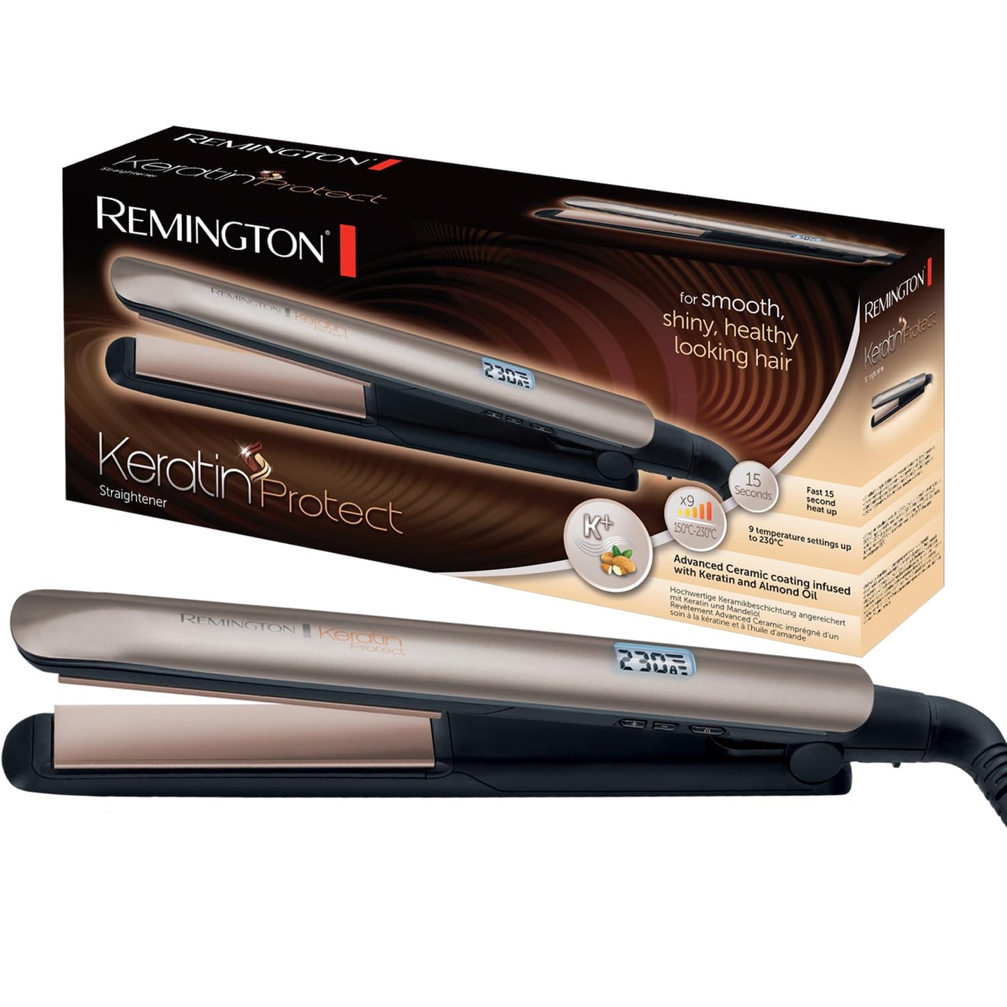 Remington S8540 – Lisseur Cheveux Kératine & Huile d’Amande, Céramique, Écran LCD, 10 Températures, Voltage Universel