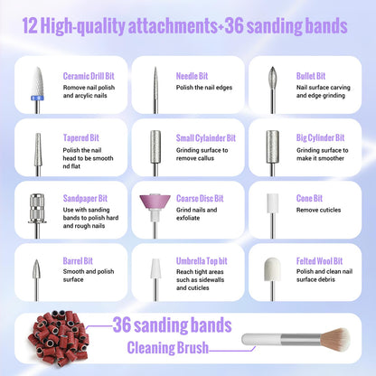 Denabuty DN-2402 – Ponceuse à Ongles Pro 35 000 RPM, Kit 12-en-1 Rechargeable avec Écran LED