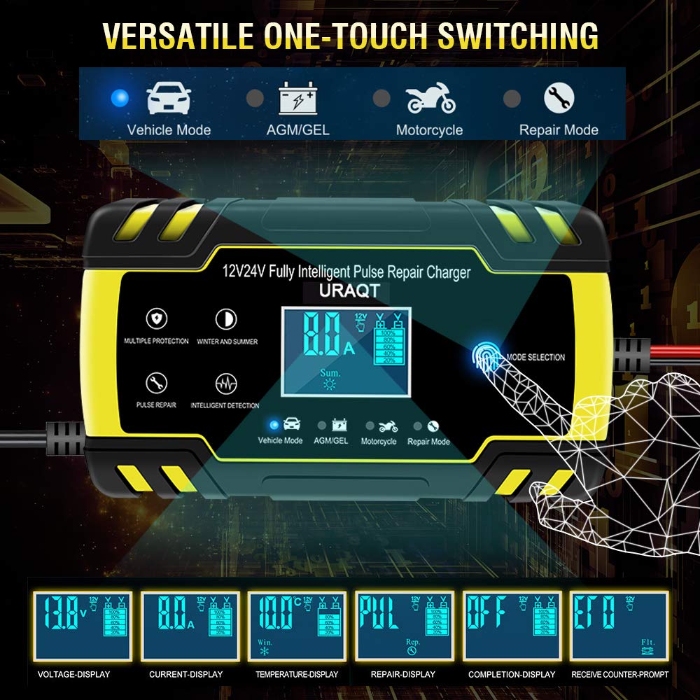 URAQT Chargeur Batterie Intelligent 8A 12V/24V – Mainteneur et Réparateur avec Écran LCD Tactile, Multi-Protect, pour Voiture et Camion (AGM/Gel/Wet/SLA)