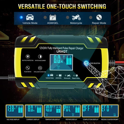 URAQT Chargeur Batterie Intelligent 8A 12V/24V – Mainteneur et Réparateur avec Écran LCD Tactile, Multi-Protect, pour Voiture et Camion (AGM/Gel/Wet/SLA)