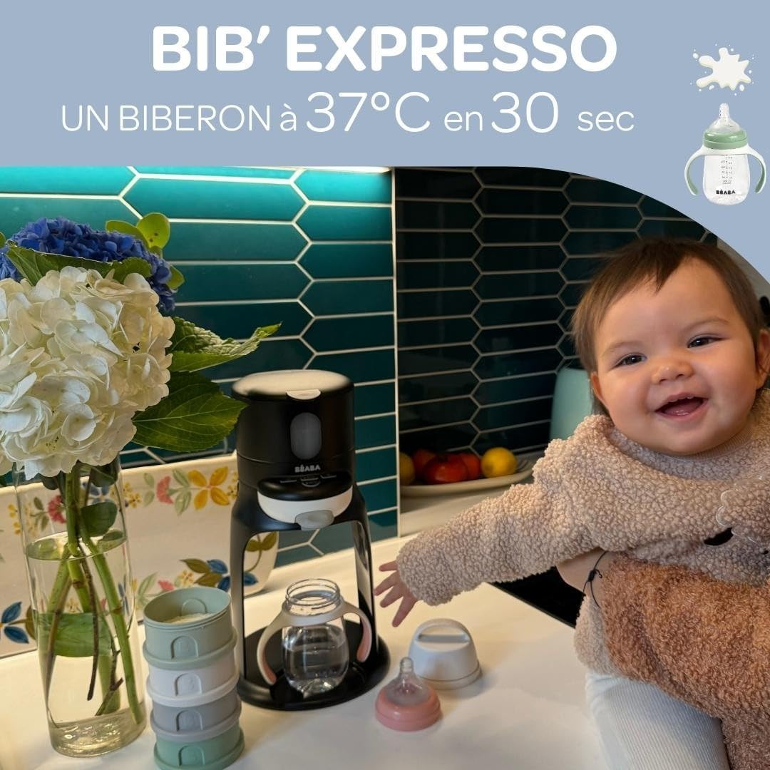 BÉABA Bib’Expresso – Préparateur et Chauffe Biberon/Petits Pots, Distributeur d’Eau à Température Exacte, Instantané et Rapide, Bain-Marie, 2 Températures, Chauffe-Biberon Amovible, Noir