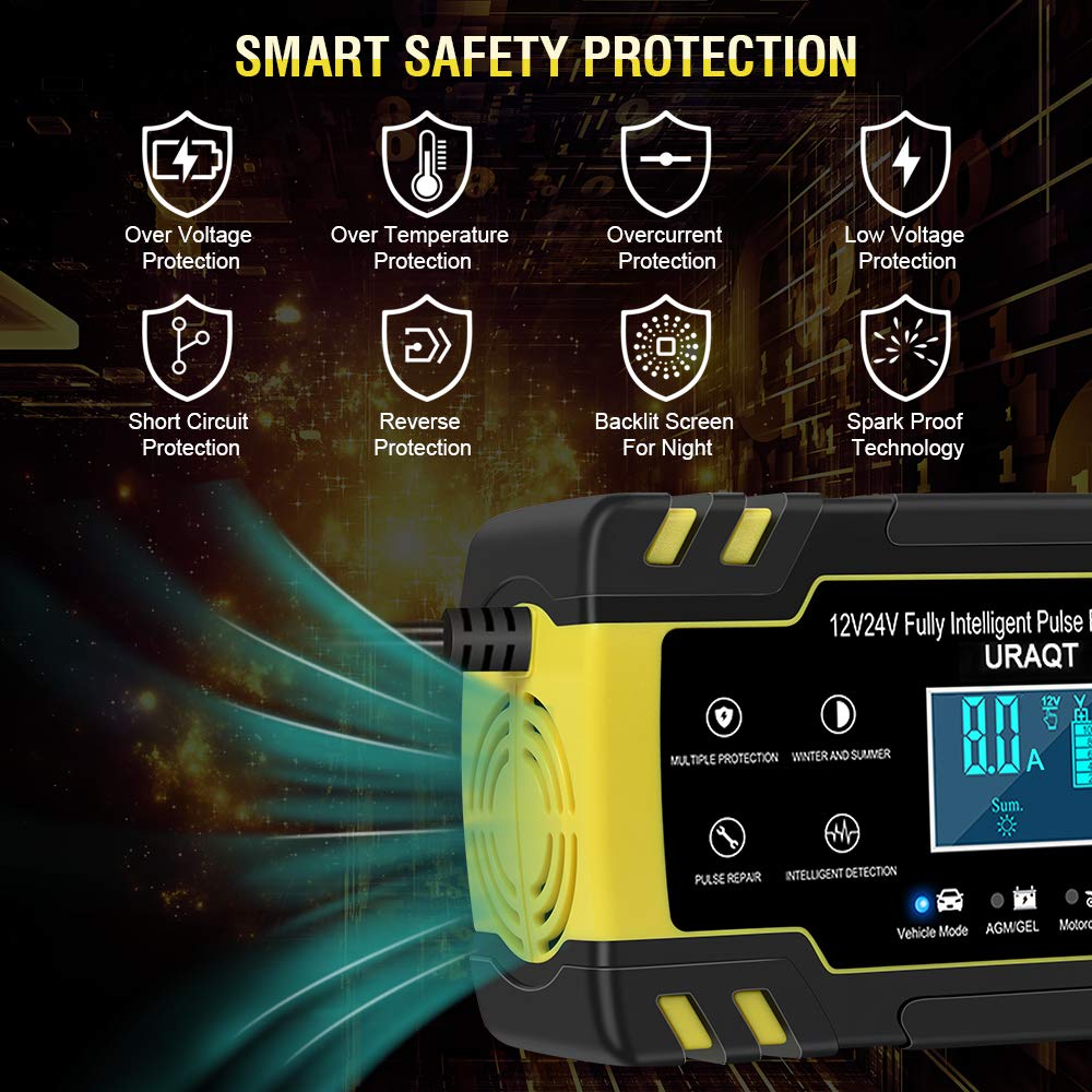 URAQT Chargeur Batterie Intelligent 8A 12V/24V – Mainteneur et Réparateur avec Écran LCD Tactile, Multi-Protect, pour Voiture et Camion (AGM/Gel/Wet/SLA)
