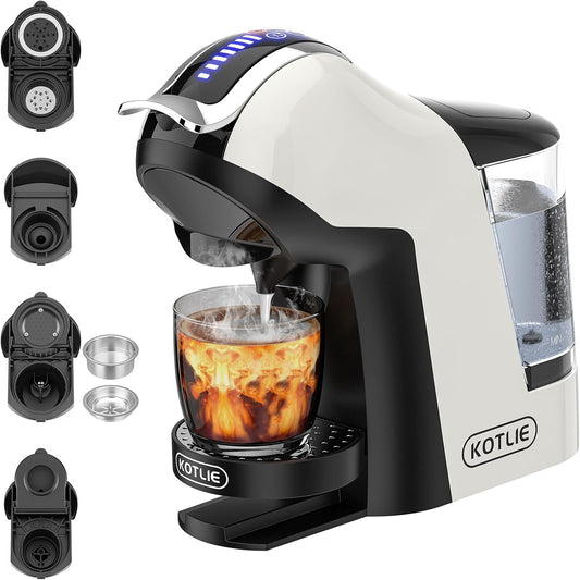KOTLIE EM-308A – Machine à Café Expresso 5-en-1 à Capsules Multiples pour Nespresso Original, Dolce Gusto, L’OR, Café Moulu et Pods 44 mm, 19 Bars, Réservoir 1 L, Blanc