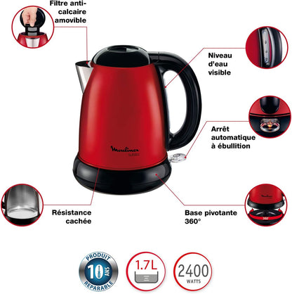 Moulinex Subito, Bouilloire sans fil, Capacité 1,7 L, Inox, Résistance cachée, Niveau d’eau visible, Facile d'utilisation, Rouge, BY540510