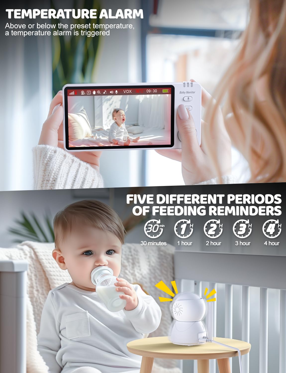 OBVHNUA Babyphone avec Caméra 5 Pouces 720p IPS HD Vidéo Babyphone Enregistrement vidéo Zoom Numérique Deux Voies Audio VOX Mode Vision Nocturne Surveillance de la Température 8 Berceuses 5 Réveils