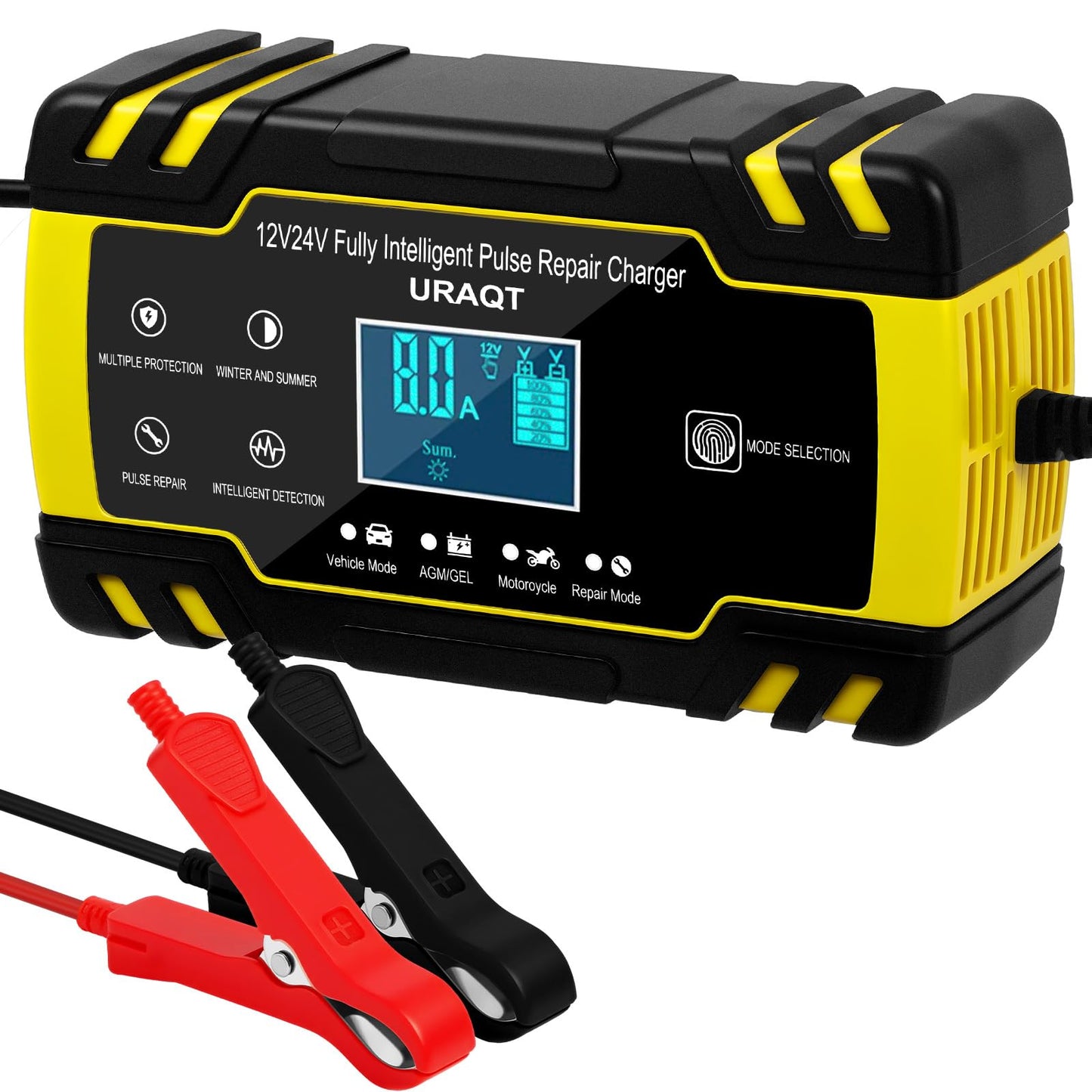 URAQT Chargeur Batterie Intelligent 8A 12V/24V – Mainteneur et Réparateur avec Écran LCD Tactile, Multi-Protect, pour Voiture et Camion (AGM/Gel/Wet/SLA)
