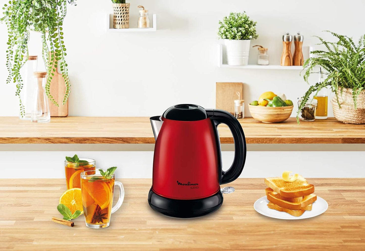 Moulinex Subito, Bouilloire sans fil, Capacité 1,7 L, Inox, Résistance cachée, Niveau d’eau visible, Facile d'utilisation, Rouge, BY540510