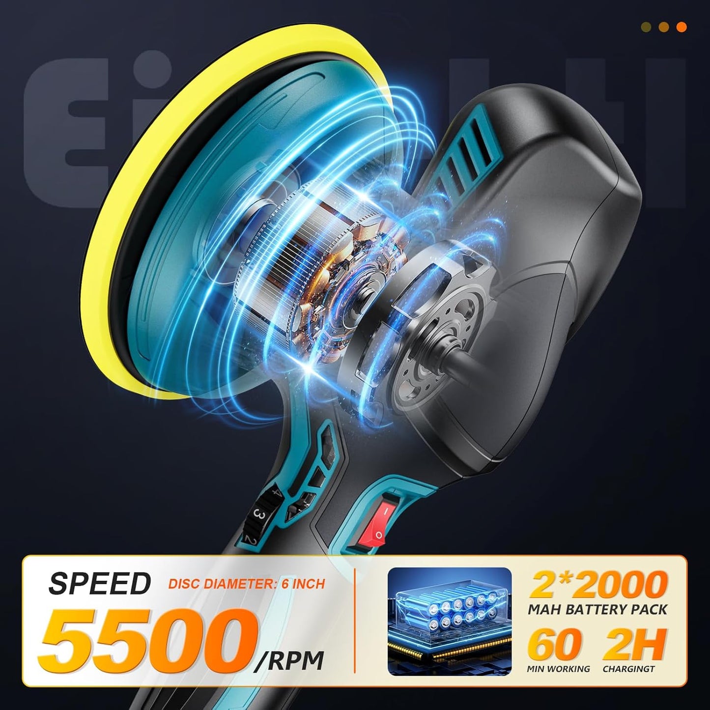 Polisseuse Voiture Sans Fil 150 mm à Double Action – 2×21V 2000mAh Batteries, Kit 13 pcs, 6 Vitesses Réglables 5500 RPM, Lustreuse Orbitale pour Cirage et Rénovation Auto