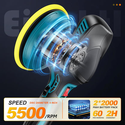 Polisseuse Voiture Sans Fil 150 mm à Double Action – 2×21V 2000mAh Batteries, Kit 13 pcs, 6 Vitesses Réglables 5500 RPM, Lustreuse Orbitale pour Cirage et Rénovation Auto