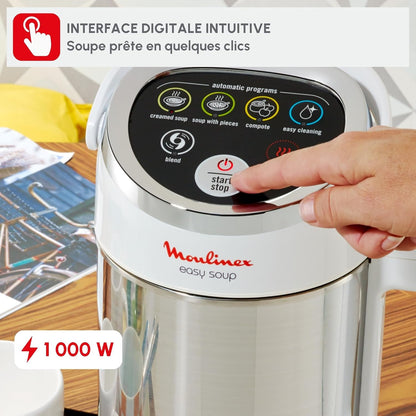 Moulinex Blender Chauffant LM841110 – 1000 W, Capacité 1,2 L, 5 Programmes Automatiques, Double Paroi, Soupe, Velouté, Compote, Smoothie, Maintien au Chaud, Easy Soup, Argent