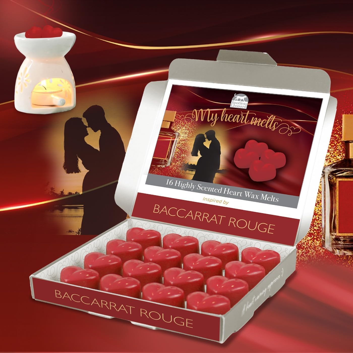 Baccarat Rouge – Cire Fondue en Forme de Cœur (16 x 5 g) – Coffret Cadeau Aromatique Spotless Leopard – Parfum Ravissant – Fabriqué au Royaume-Uni